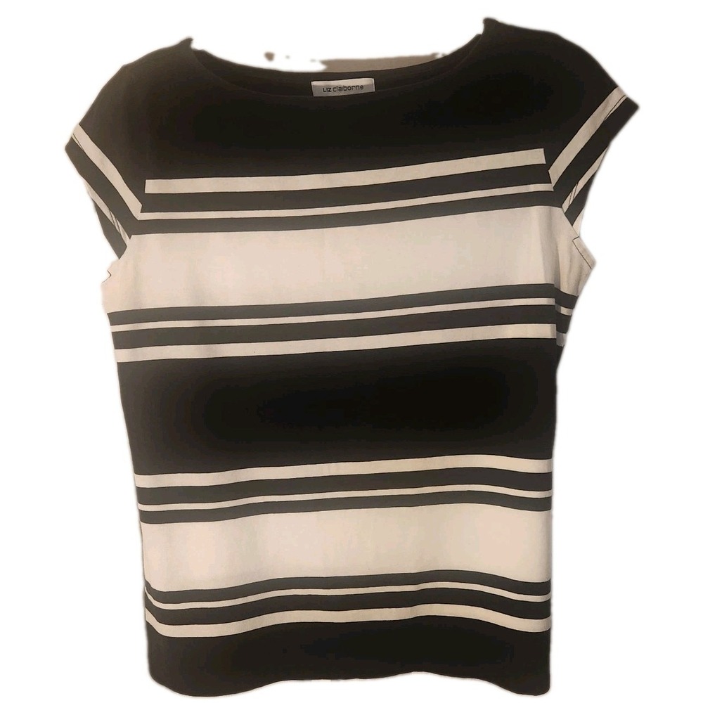 Liz Claiborne Womens Striped Sleeveless Top White Black Medium Relaxed Fit